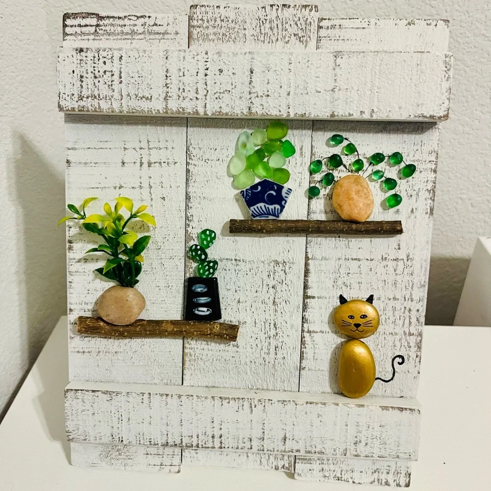 Rustic White Wall Decor with Gold Cat and Green Plants